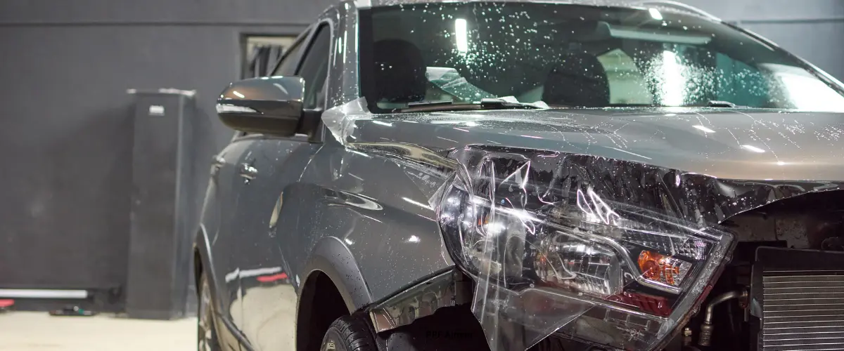 Technician installing paint protection film on a car bonnet at an Ajman garage